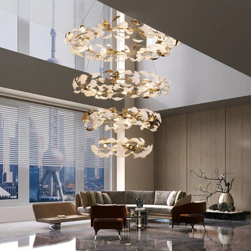 Gliss Ceramic Ginkgo Rings Linear Branch Chandelier Lighting
