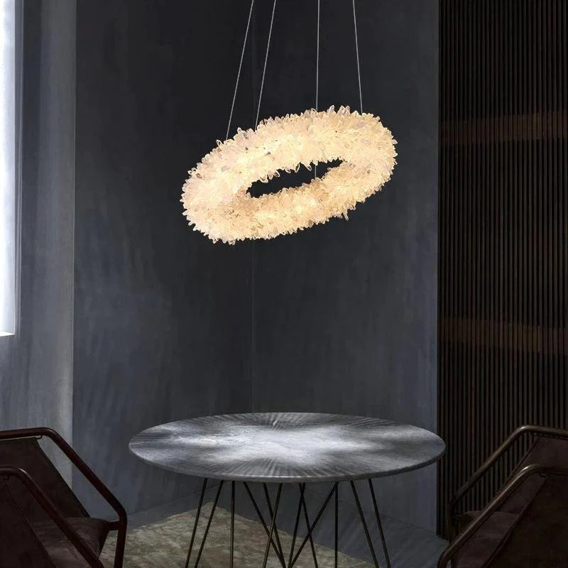 Kandace Rock Crystal Round Modern Chandelier Over Coffee Tabel