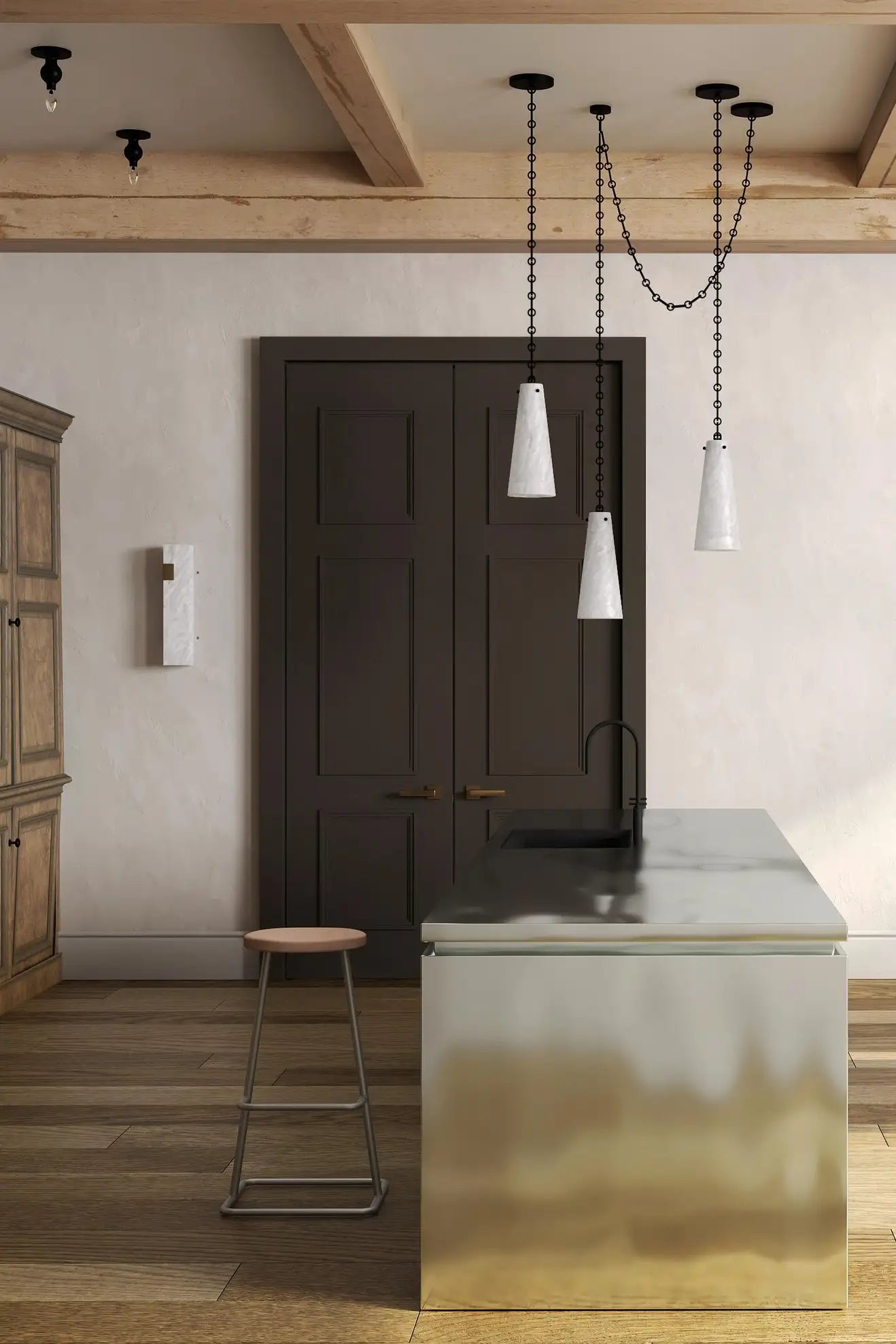 Contemporary Casey Chandelier in Alabaster, 3-Light Vintage Alabaster Pendant Cluster