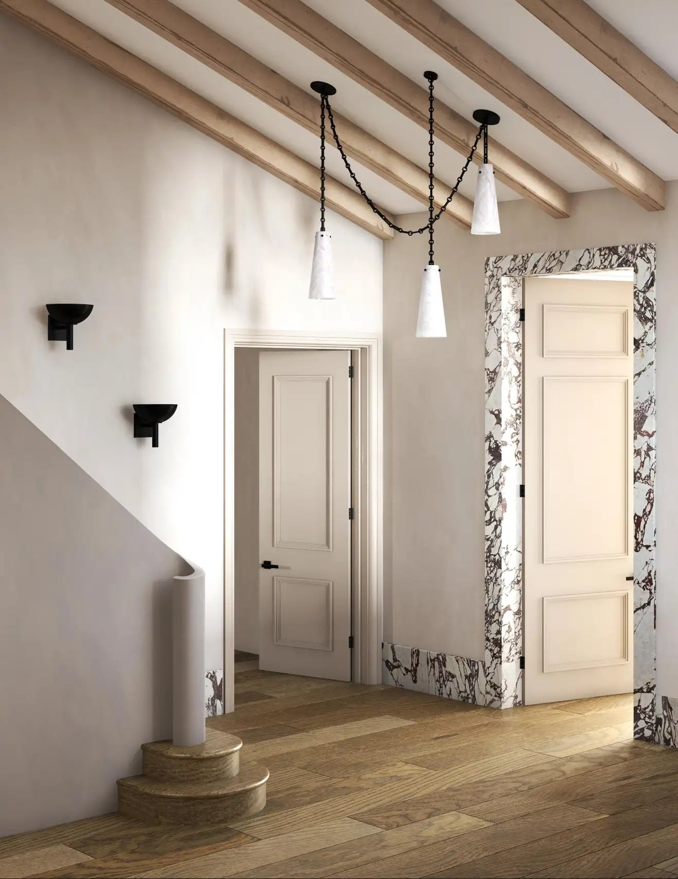 Contemporary Casey Chandelier in Alabaster, 3-Light Vintage Alabaster Pendant Cluster